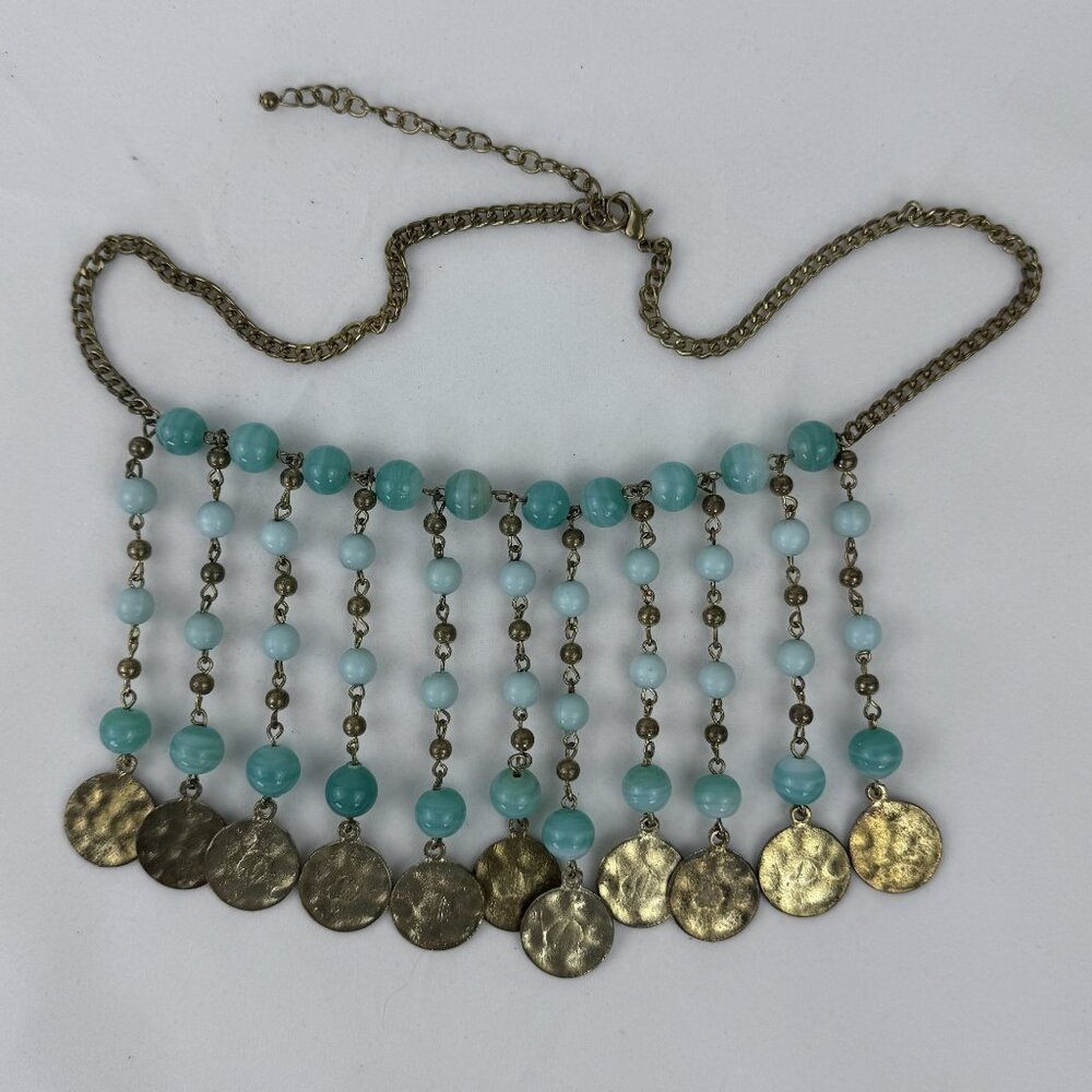 Vtg Multi-Strand Faux Jade Beaded Necklace 21" Brass Discs Art Deco Statement - Picture 2 of 9